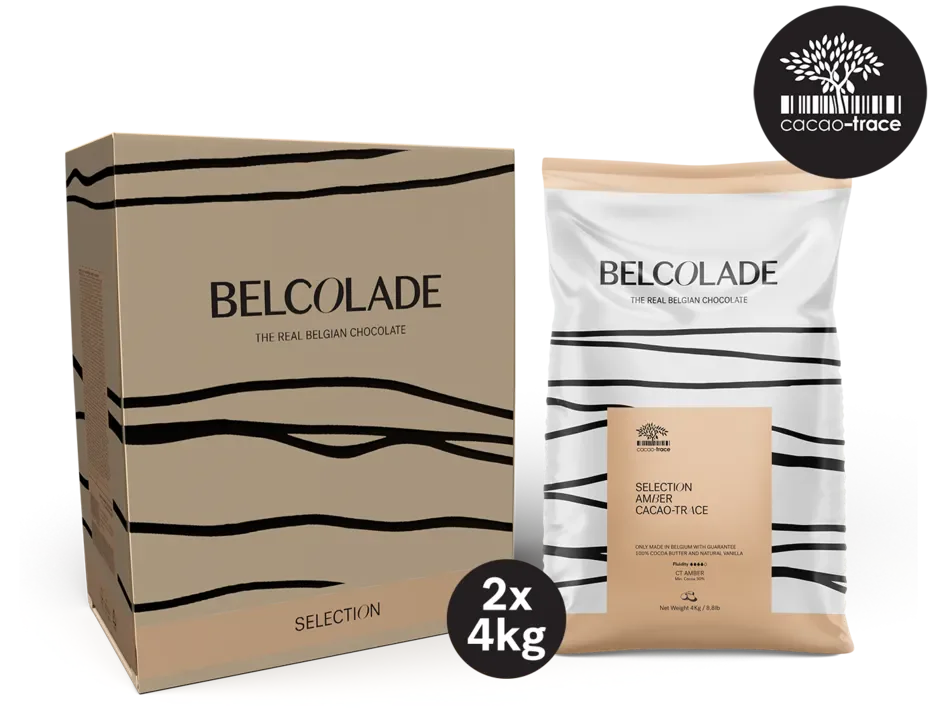 Belcolade Karamel chocolade Doos 2 x 4 kg Selection Amber Cacao-Trace 4 kg Selection Amber Chocolade 4kg – Karamel Couverture Cacao-Trace | Anisana