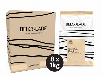 Belcolade Witte chocolade Doos 8 x 1 kg Selection Blanc Cacao-Trace X605/J 1kg Selection Blanc Witte Chocolade 1kg – Couverture voor Alle Toepassingen | Anisana